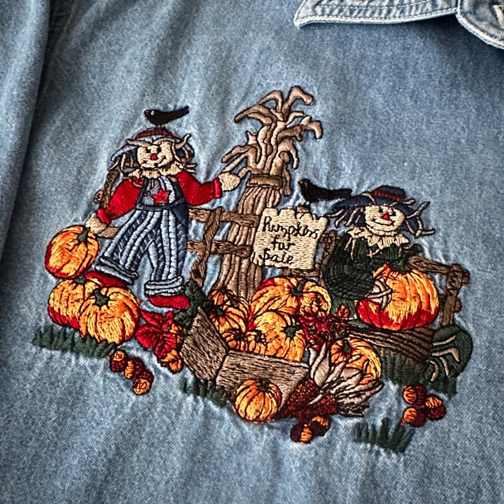 Quizz Women’s Vintage Denim Button Down Shirt Fall Pumpkin Harvest Embroidered - Picture 6 of 10